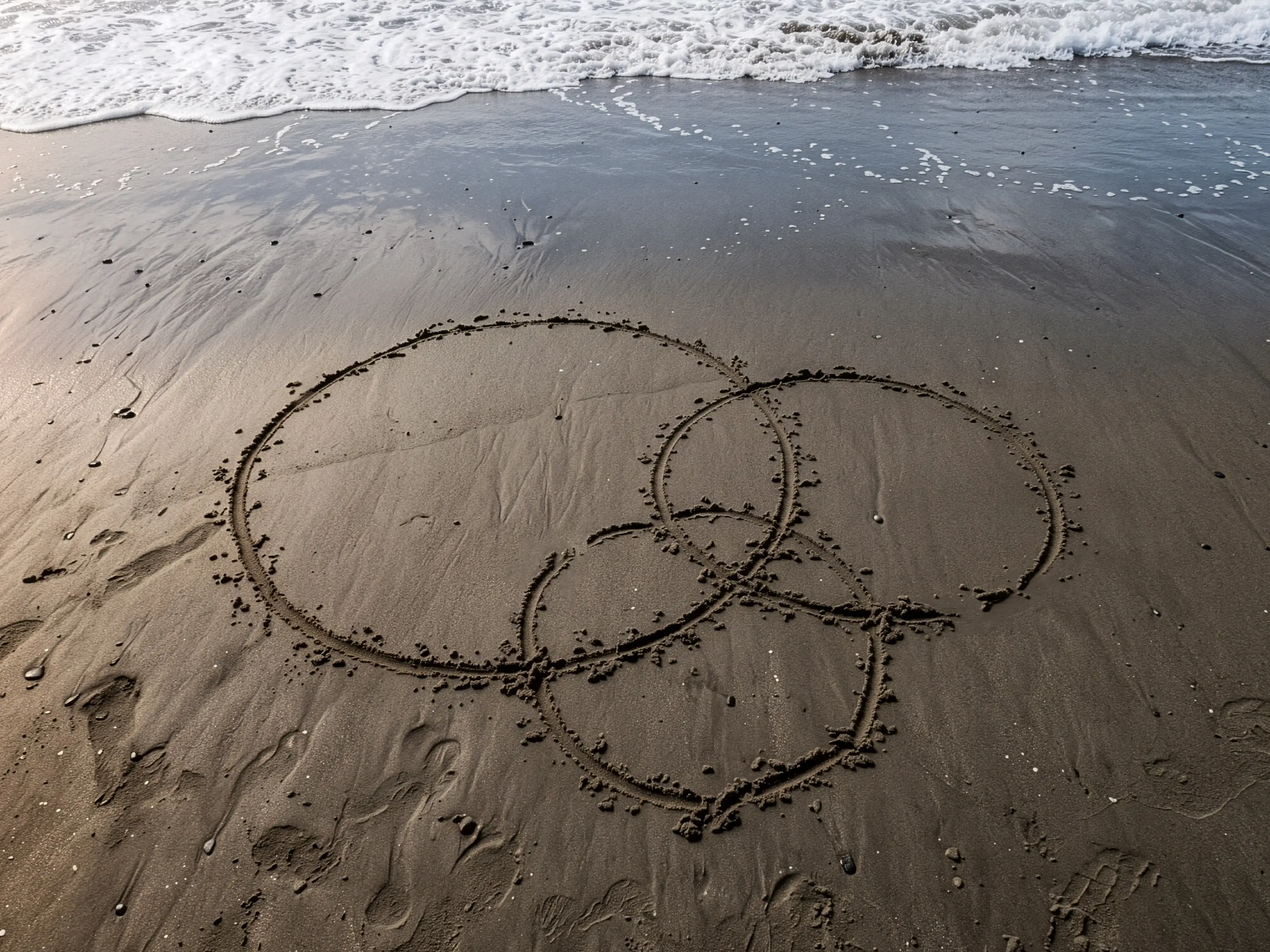 Drei ineinander verschlungene Kreise in nassem Sand am Strand nahe einer Meereswelle.