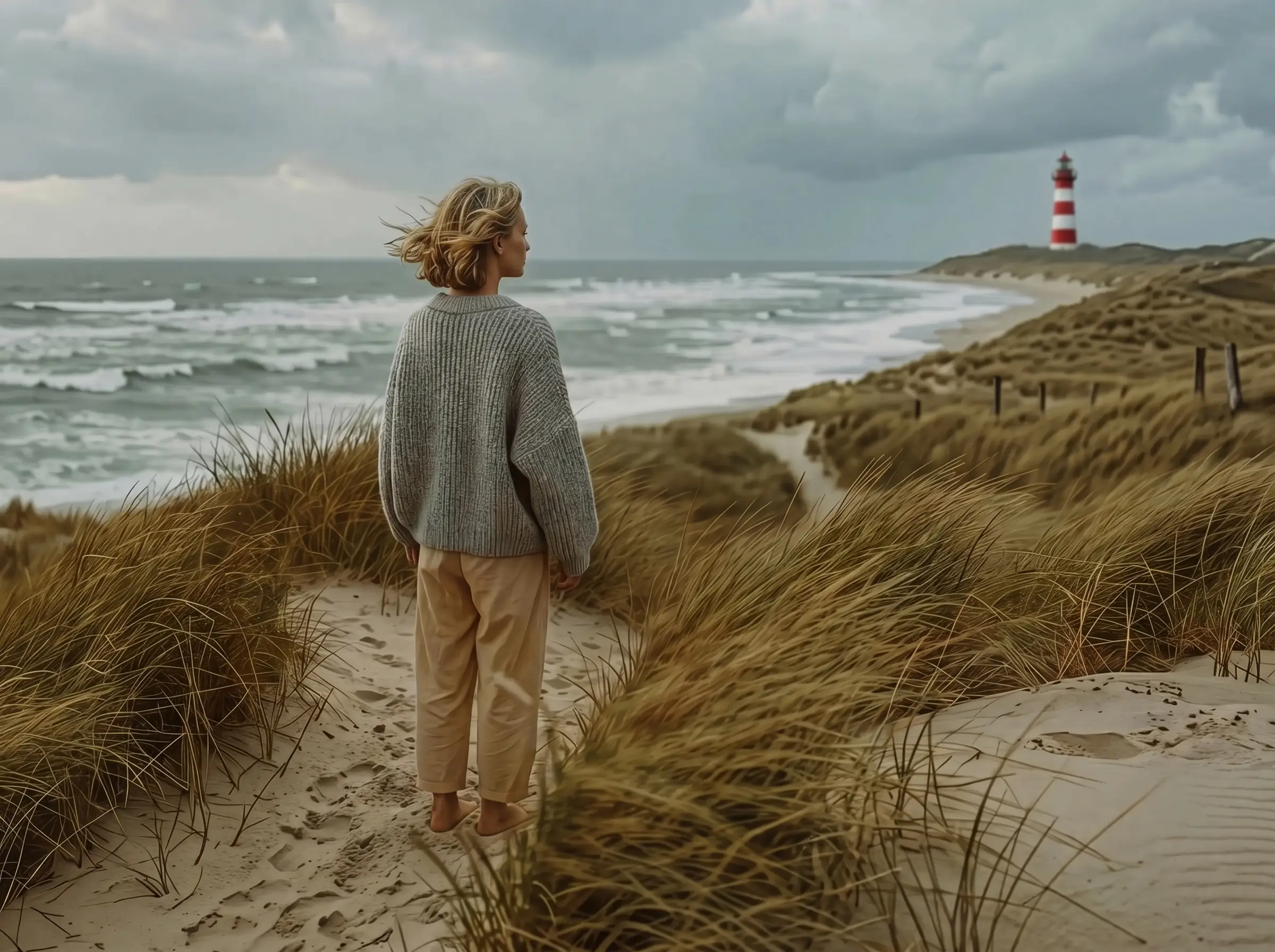Frau in grauem Pullover steht barfuß auf sandigem Pfad am windigen Strand mit Leuchtturm im Hintergrund.