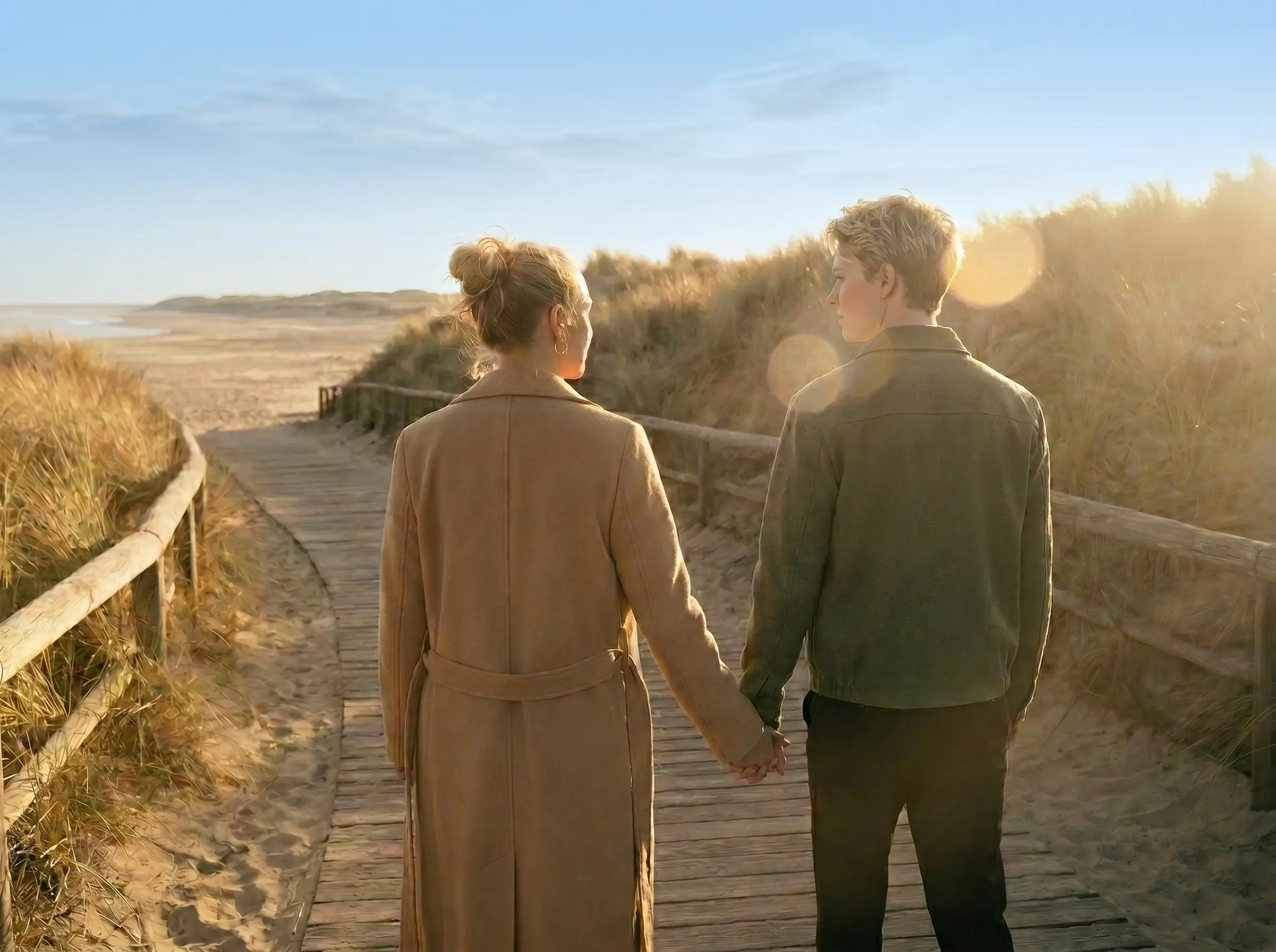 Zwei Menschen, die Händchen haltend auf einem Holzsteg am Strand mit Dünen und Sonne im Hintergrund spazieren.