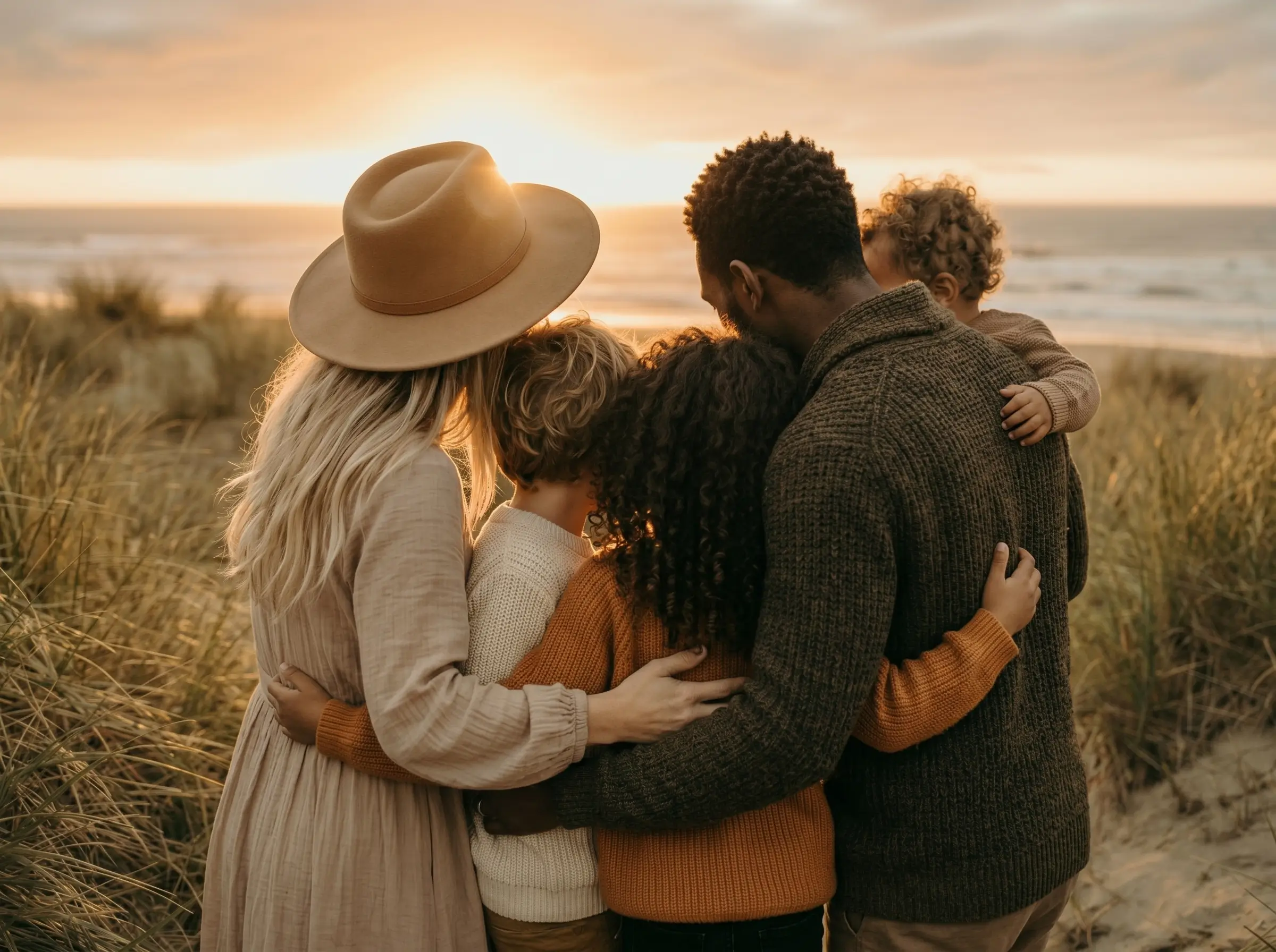 Familie umarmt sich am Strand bei Sonnenuntergang, Blick aufs Meer, warme Kleidung.