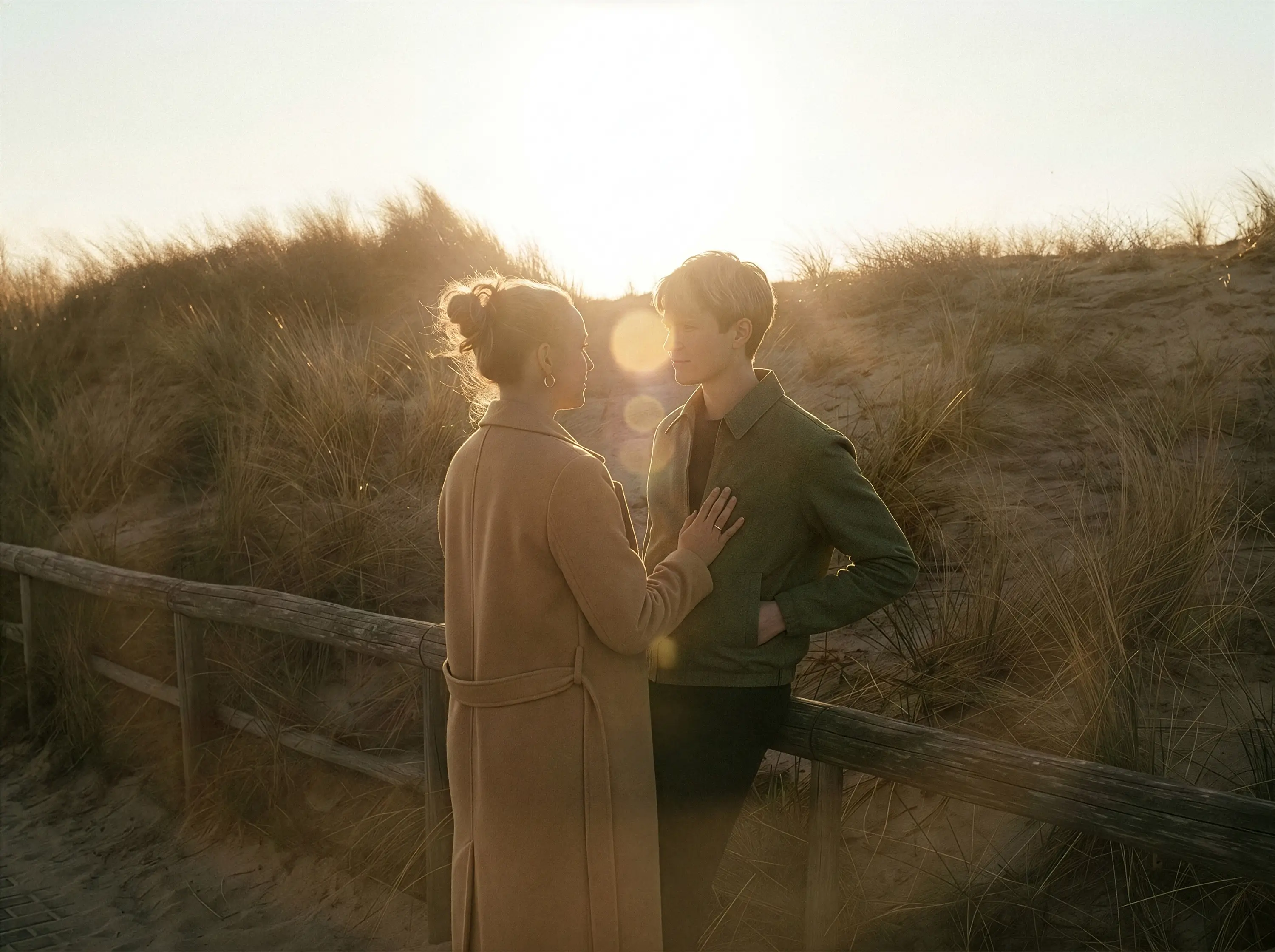 Paar schaut sich am Strand bei Sonnenuntergang liebevoll an, umgeben von Dünen und Gras.