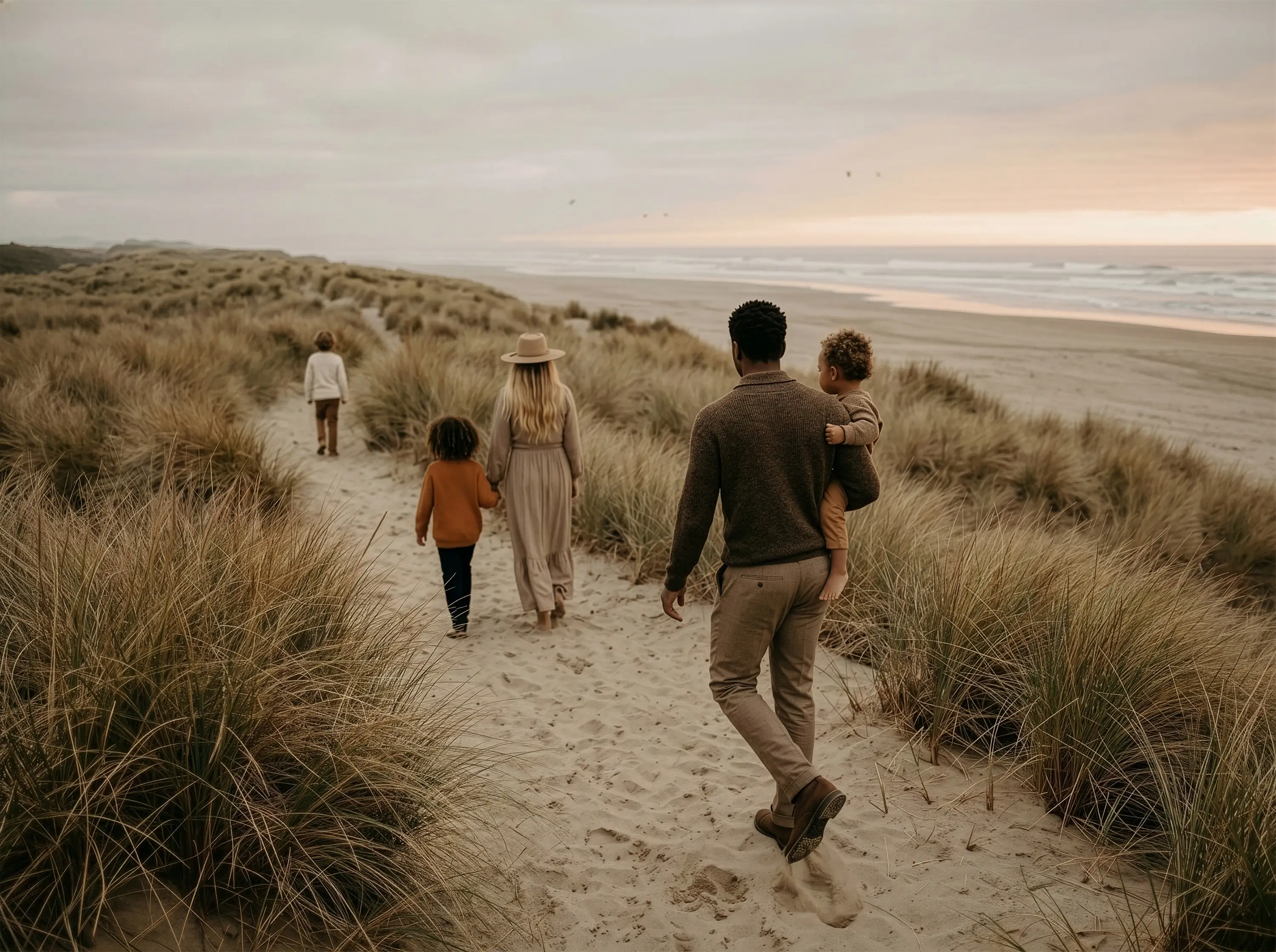 Familie mit drei Kindern geht auf einem sandigen Dünenpfad am Meer bei Sonnenuntergang.