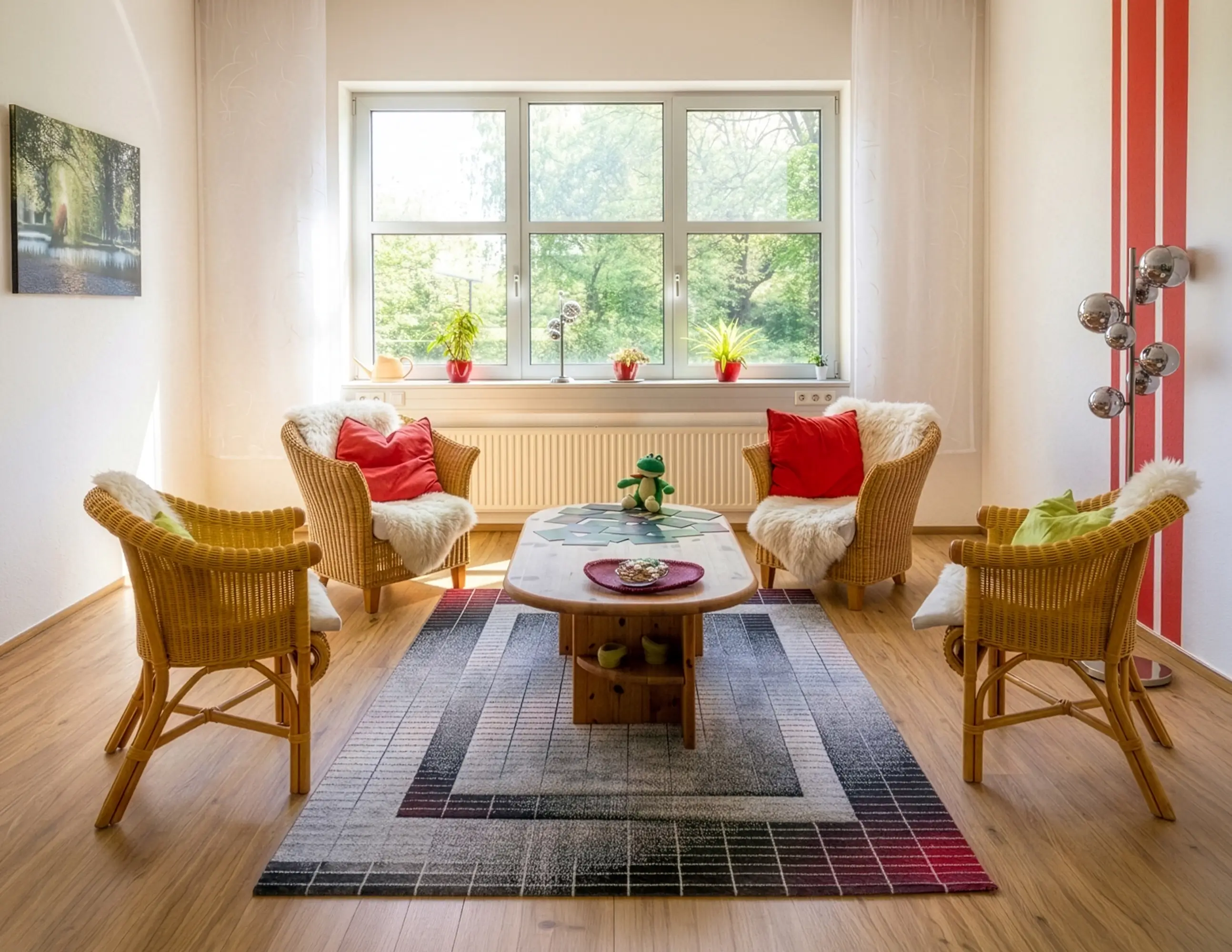 Gemütlicher Raum mit vier Korbstühlen, bunten Kissen, Tisch und Farbklecksen auf Teppich.