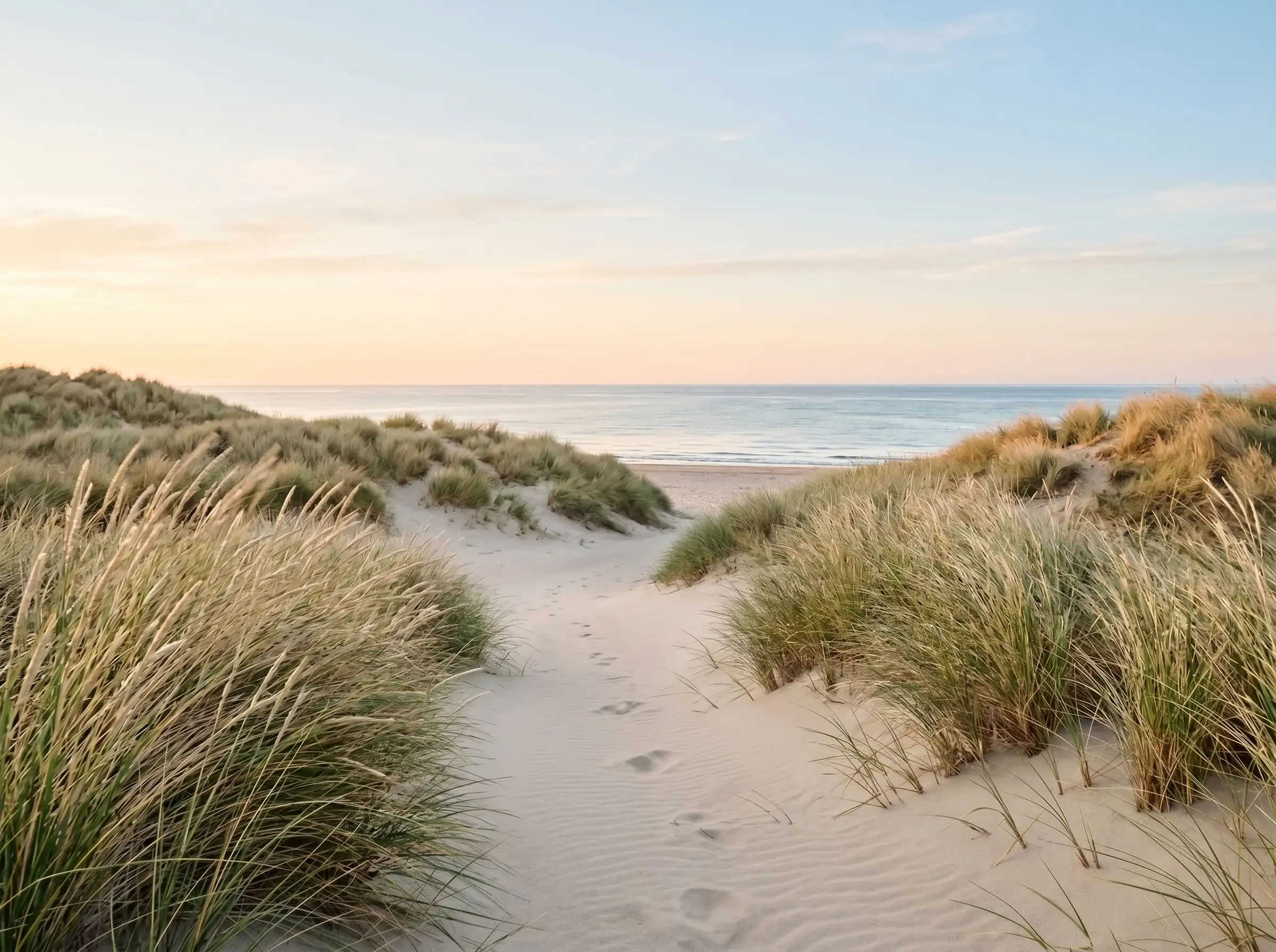 Fußspuren im Sand zwischen Dünen führen zu ruhigem Meer unter pastellfarbenem Himmel.