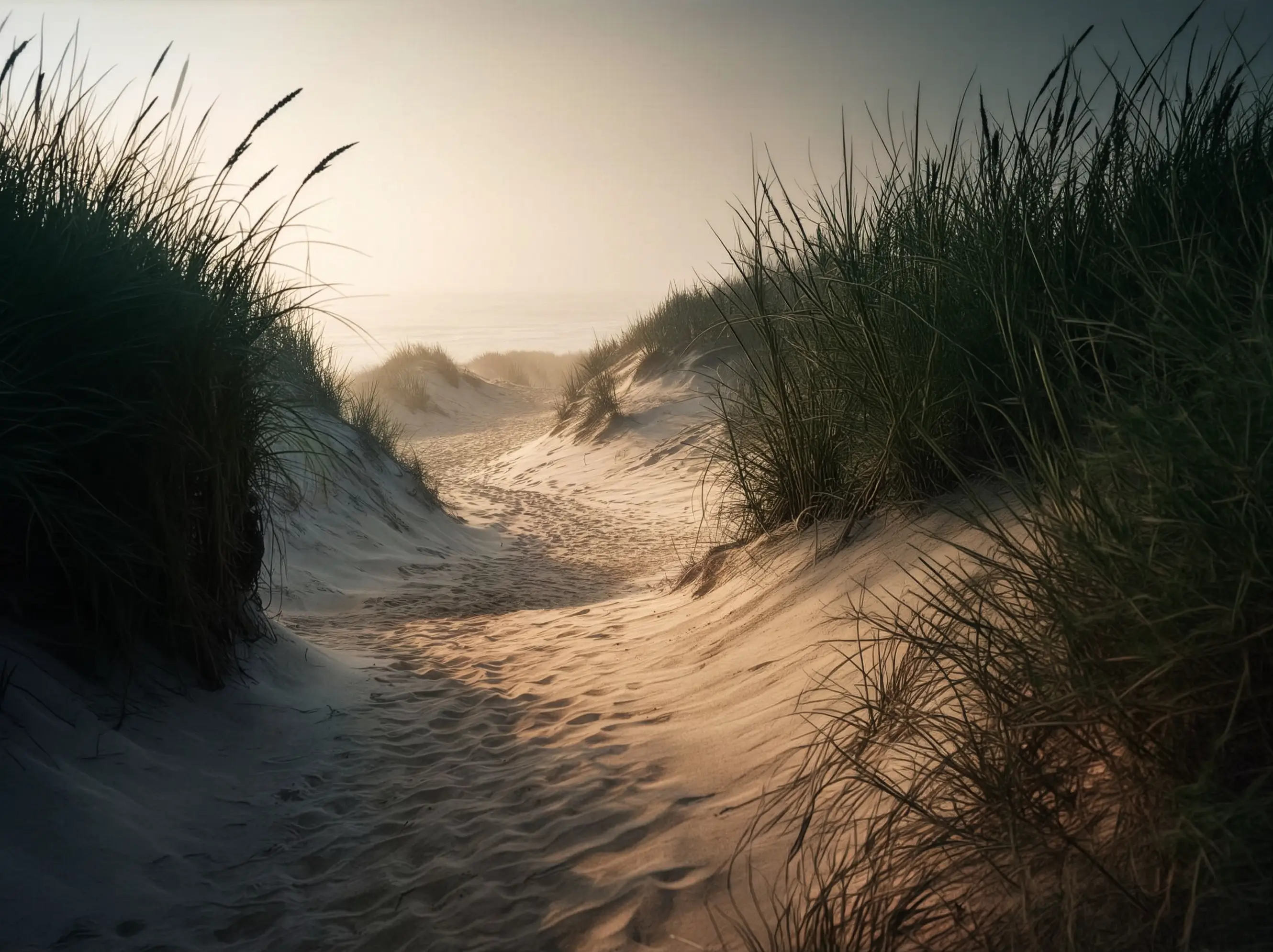 Ein sandiger Weg, der sich durch hohes Dünengras unter sanftem Sonnenlicht an einer Küstendüne schlängelt